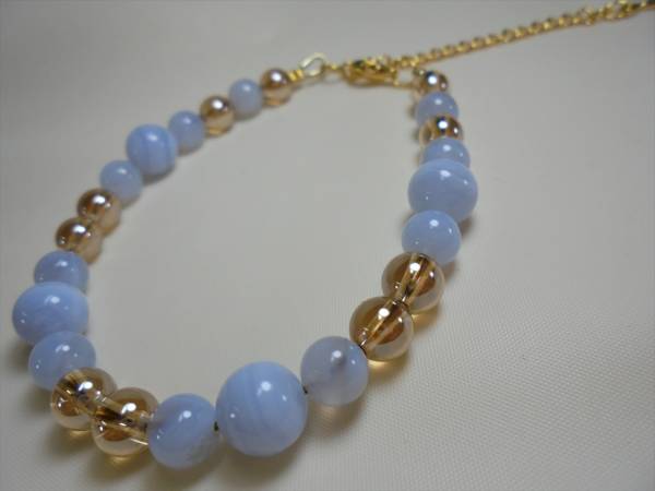 喜心-ワイヤ-ブルーレースアケード8,6mm-ゴールデンオーロラ水晶6mm-内径17cm-天然石ブレスレット