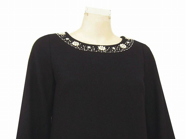 dM新品同様☆アベニールエトワール*Aveniretoile★黒★煌きパールビジュー★カシミヤ混★7分袖ワンピース★38號(hào)(M)/レディース