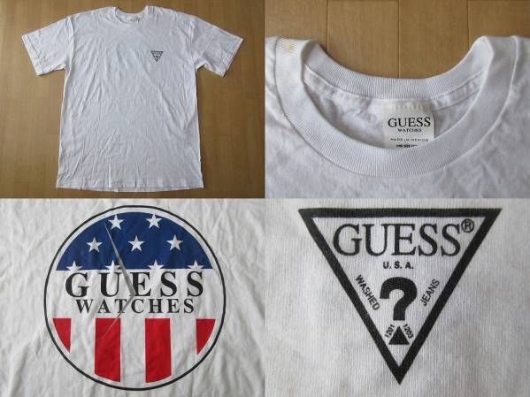 90\'s GUESS WATCHES звезда статья флаг часы Logo футболка белый XL~XXL ранг ge Swatch USA America национальный флаг HIP HOP Dance raptee большой Silhouette 