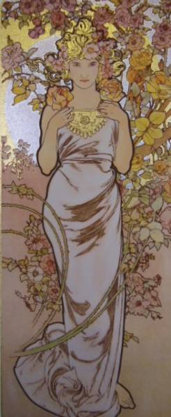 模写・アルフォンス　ミュシャ　薔薇・「ROSE」　ミックスドメディア版画_金や銀の箔も乗っていてとても綺麗です。