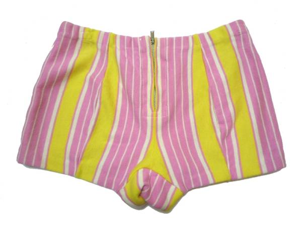 70*s Vintage женский шорты короткий хлеб желтый × розовый × белый полоса retro купальный костюм . спорт отдых уличный 