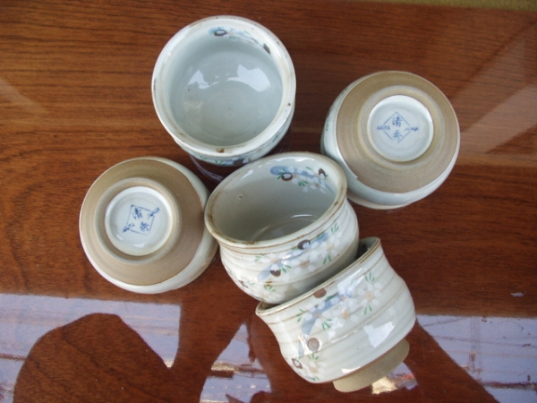有田焼?灰釉?桜煎茶碗５個セット（箱なし）口徑７，５Ｘ高さ５，５ｃｍ