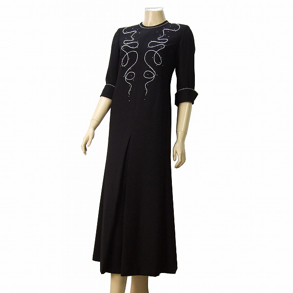 OP)新品*ラピーヌ ブランシュ★ ￥79000★黒(艶織)×高貴ビーズ刺繍★7分袖&ロングフレアー★高級フォーマルワンピース★9号 (Mサイズ 38