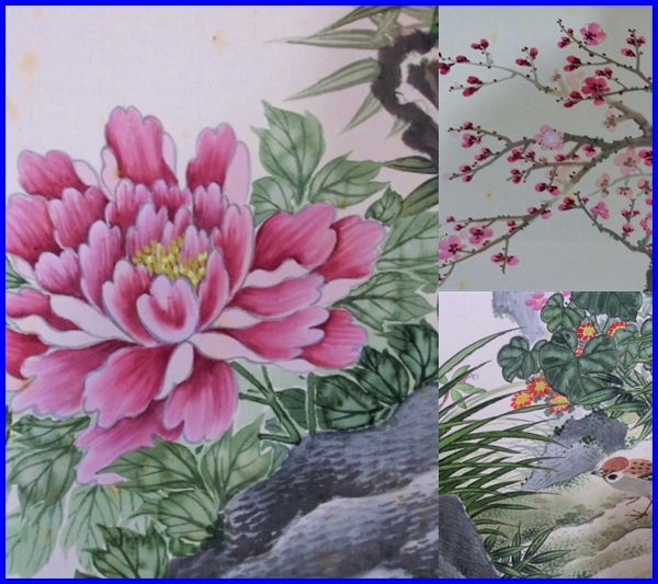 掛軸■花尽くし 雀 雲堂生作 牡丹 菊 桜 鳥 桐箱 骨董品 日本画 掛け軸■_画像3