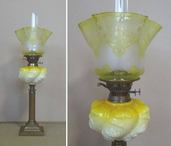 アンティーク　ヴィクトリア王朝期 オイルランプ 黄フリルガラス