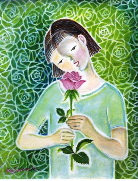◆箸方たみ「バラと少女」オフセット複製・木製額付・即決◆_バラを持つ少女