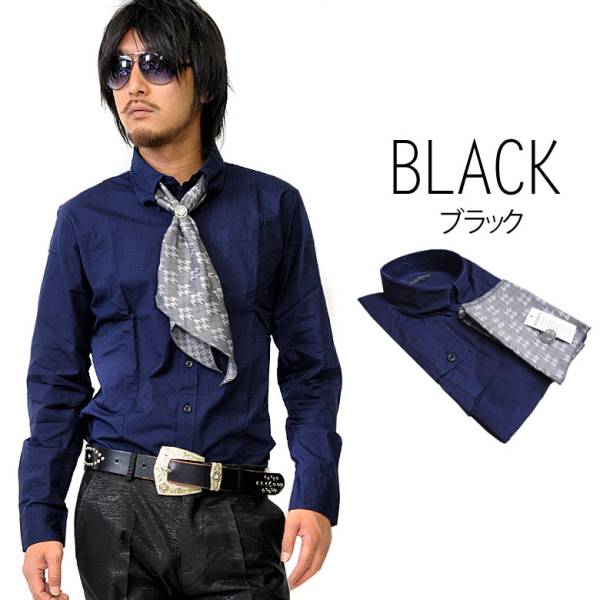 RMANICA千鳥(niǎo)ストール付きドレスシャツ新品黒XネイビーL