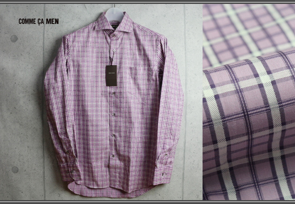 新品コムサメン ホリゾンタルカラーオーバーチェックシャツS紫