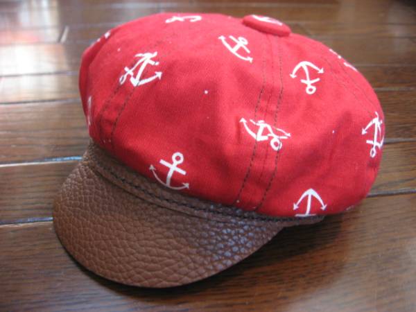 アンカー 錨柄 レザー コンビ ベビー キャスケット 赤 ハンドメイド BABY 帽子_可愛いアンカー柄のキャスケットです！