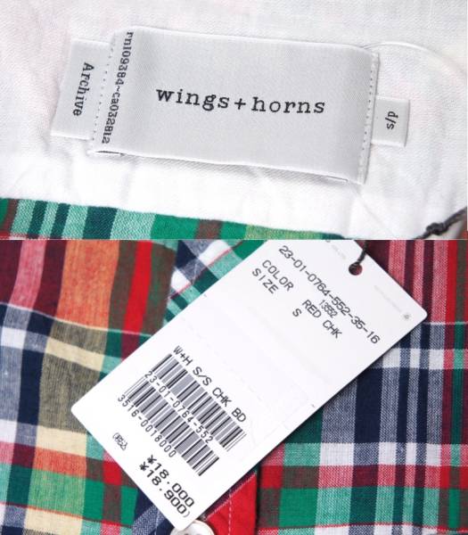 新品 wings+horns マルチチェック 半袖 シャツ S ウイングス