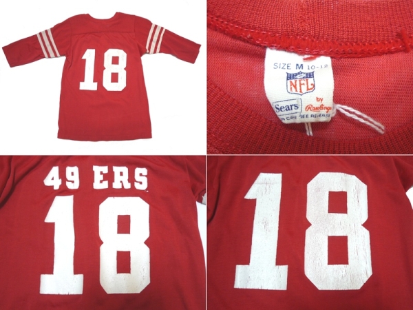 70’s　ビンテージ　フットボールT　Tシャツ　NFL　両面　ナンバリング　18番　赤×白　Sears制　XS位　36%コットン 64％ナイロン
