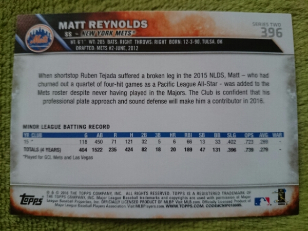 ★来日外国人 広島 カープ RC ルーキー MATT REYNOLDS TOPPS 2016 #396 MLB ROOKIE CARD カード NEW YORK METS レイノルズ メッツの画像2