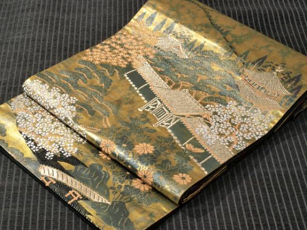 服部織物 ランキングや新製品 銀閣寺文 西陣手織 袋帯 こはく錦 日本 TACI02019風楽