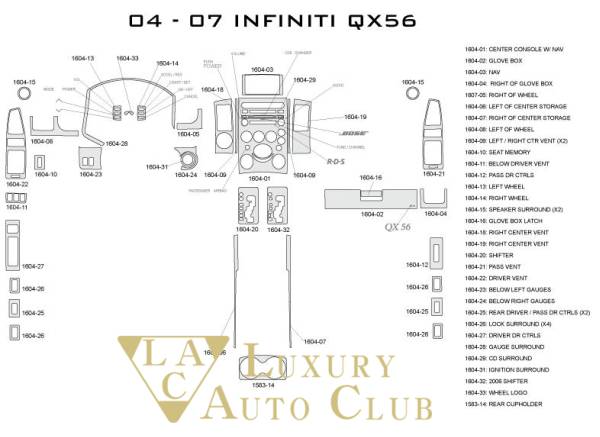 2004-2007 インフィニティ QX56 38ピースウッドパネルキット 内装パネル 各色 内装カスタム カバ－カ－ボン 米国製 高品質_画像3