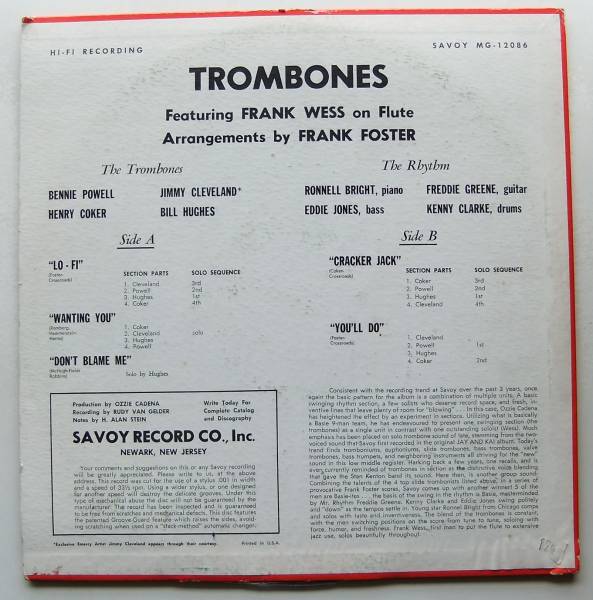 ◆ TROMBONES Featuring FRANK WESS ◆ Savoy MG-12086 (red:dg:RVG) ◆ V_画像2