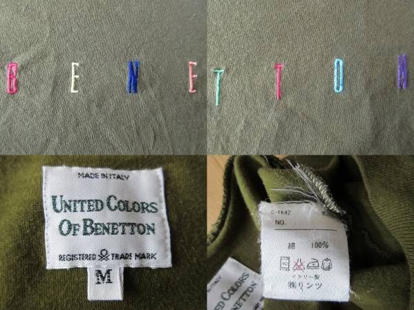 90's イタリア製 UNITED COLORS OF BENETTON 刺繍 ロゴ TシャツMオリーブ系 ユナイテッド カラーズ オブ ベネトン カットソーMADE IN ITALY_画像3