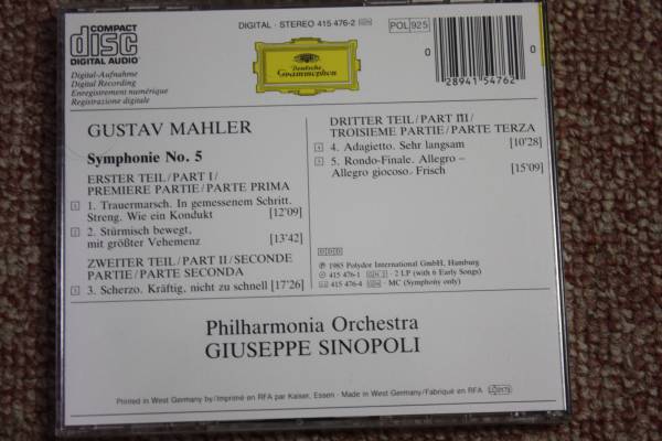 西独グスタフ・マーラー:交響曲第5番/ジュゼッペ・シノーポリ:指揮/フィルハーモニア管弦楽団CD_画像3