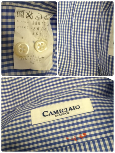 CAMICIAIO カミチャイオ ギンガムチェック長袖シャツ 41 青白 美_画像3