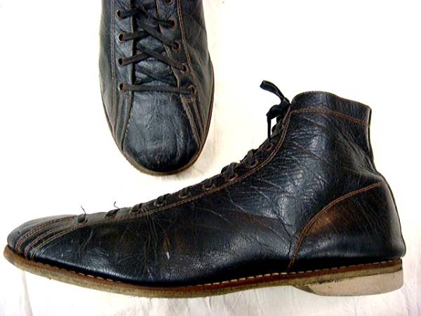  Vintage rare 40S black black all leather race up braided up bowling boxing sport shoes boots rare inscription none 