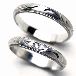 熟練職人の手彫り【永遠のつる草彫り）　プラチナ　ダイヤペアリング　結婚指輪　送料刻印無料