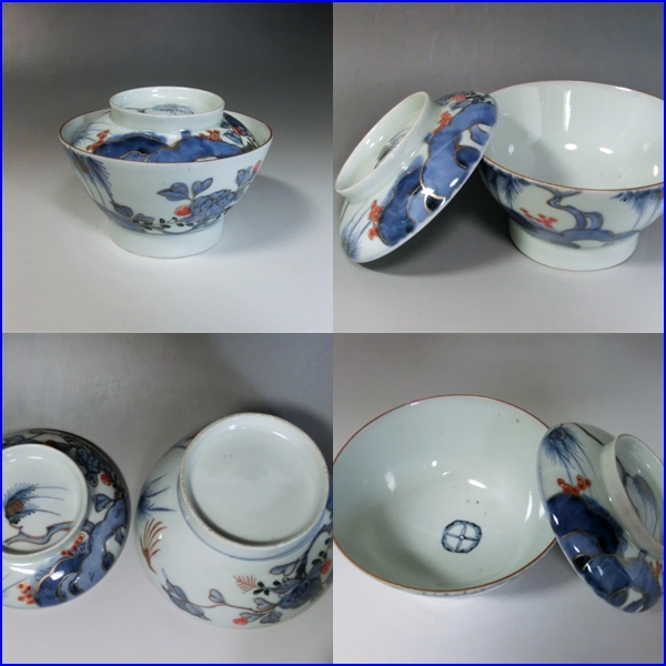  cover tea cup # old Imari flower Tang . overglaze enamels blue and white ceramics ( Edo latter term ~ Meiji period ). tea cup cover pot cover thing 9 customer boxed old fine art era thing antique goods #