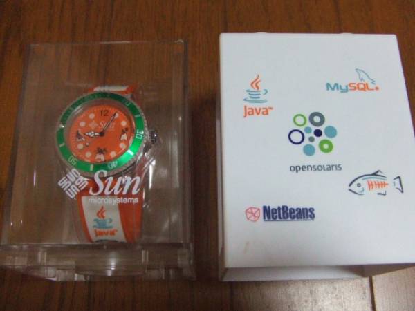* Sun microsystems Duke Solaris Java etc. with logo wristwatch savings box with translation * sending ne