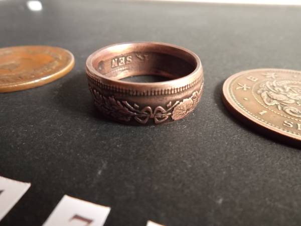 19號(hào) 　コインリング 　竜1銭銅貨　ハンドメイド　指輪　送料無料　　（1178）菊紋　靖國　天皇　旭日　ステッカー　シール