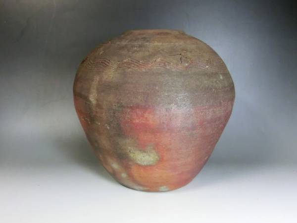 壷■古備前「堂」素焼き 箆目 古い花瓶花器 丸古壺 時代物 骨董品 古美術■_画像1