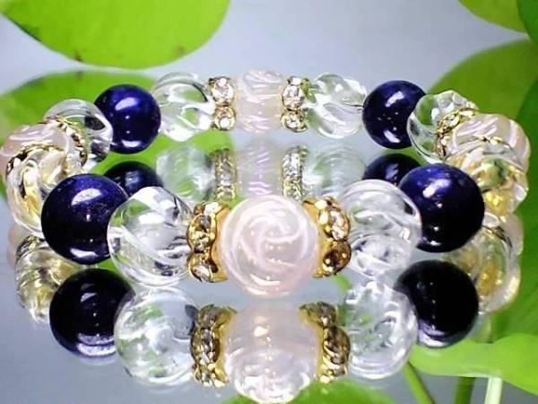 聖なる石薔薇彫ローズクオーツ・ラピスラズリ・トルネ-ド水晶
