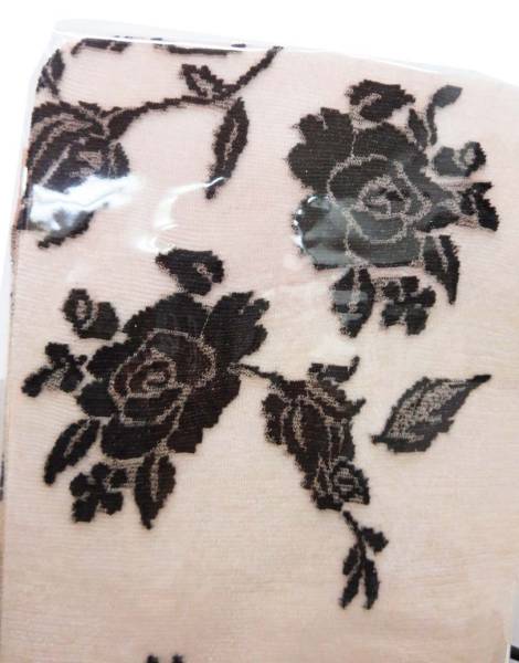 A412)MusicLegs rose sia- stockings beige black tights rose pattern 