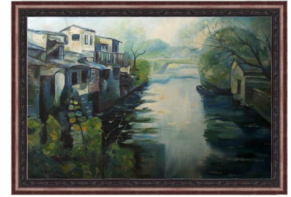 油絵　風景画 『川と家屋』　M30号(60x90cm)