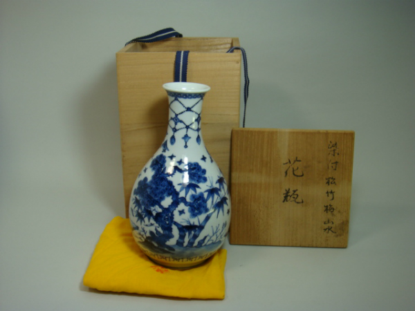 花瓶■干山伝七 染付徳利花器 松竹梅紋 山水 箱付き 古美術(shù) 時(shí)代物 骨董品■