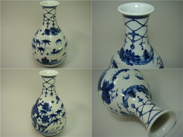 花瓶■干山伝七 染付徳利花器 松竹梅紋 山水 箱付き 古美術(shù) 時(shí)代物 骨董品■
