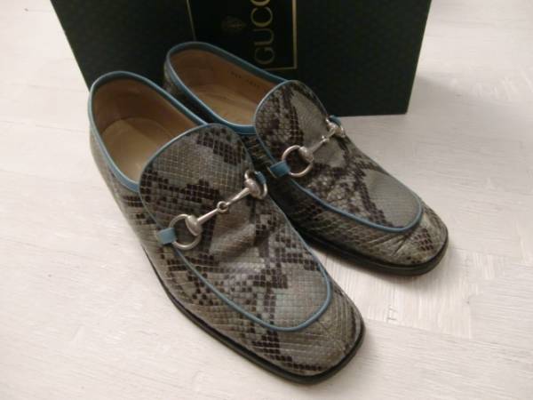 送料無(wú)料　イタリア制　グッチ　GUCCI　パイソン　レザー　蛇革　ビットローファ　81/2E　26.5～27cm相當(dāng)　ヘビ　へび　エキゾチック　革靴