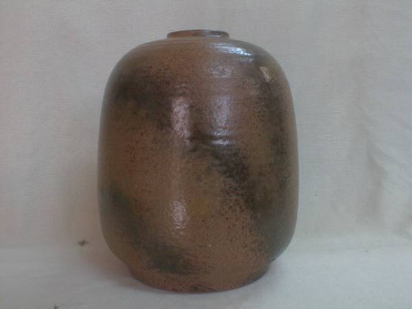 悦山作　渋い釉薬　赤土陶器壷 24.5x18.5cm　3.6kg 和風飾り置物