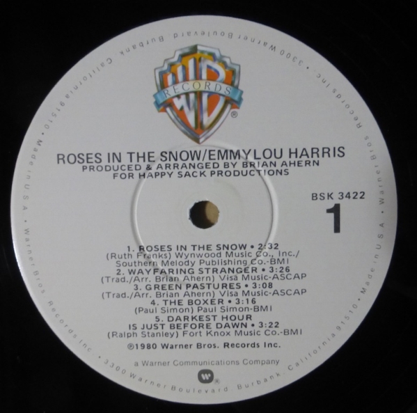 EMMYLOU HARRIS「ROSES IN THE SNOW」米ORIG[初回WB横線]シュリンク美品の画像3