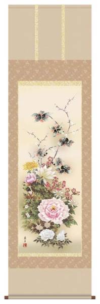  new goods .. axis four season flower name flower .. shaku . hanging scroll flower flowers and birds . annual 