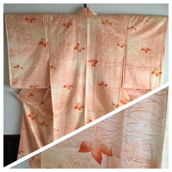 【ポリ 袷小紋】花柄 杏子色のグラデーションがかわいい 身丈152