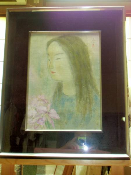 冬木　久仁『女性と花』Ｆ４号紙本日本画・日本美術院院友・真作_画像2