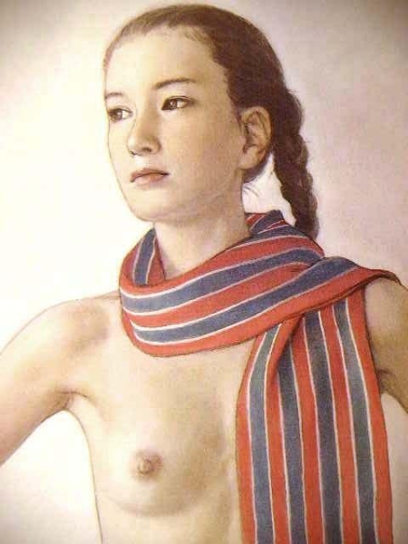 ◆高塚省吾　裸体画「マフラー」オフセット複製・木製額付・即決◆_美しき裸女