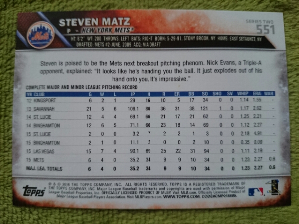 ★STEVEN MATZ TOPPS 2016 FUTURE STARS #551 MLB NEW YORK METS スティーブン・マッツ ニューヨーク・メッツ_画像2