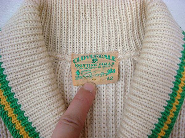  Vintage CLOVERDALE rare 40S~50S shawl color sponge gourd collar knitted cardigan rare badge patch green green trim size 42