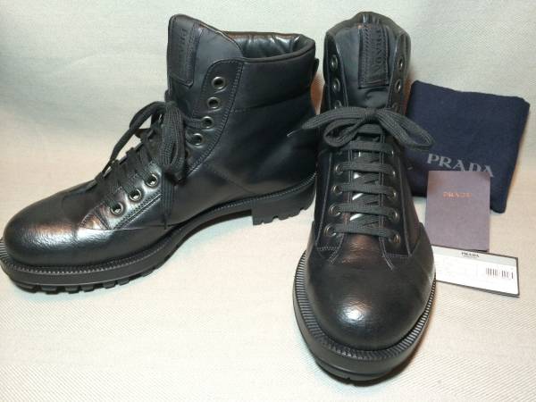 新品 プラダ ラバー コーティング レザー ブーツ 黒 ブラック PRADA シューズ 本革 革靴