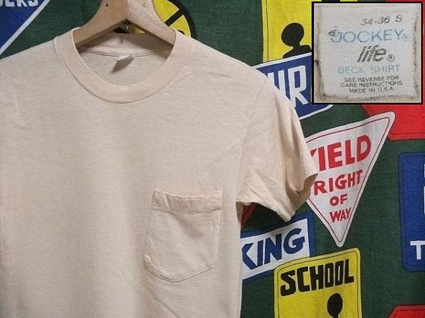 ☆小さ目なサイズをお探しの方にオススメ☆Made in USA製アメリカ製JOCKEYジョッキービンテージポケットTシャツ70's80's70s80sベージュ2nd