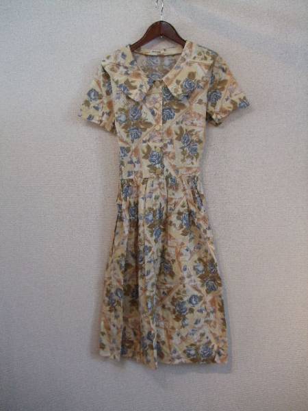 L\'ESTROSE beige rose pattern short sleeves dress (USED)20915)