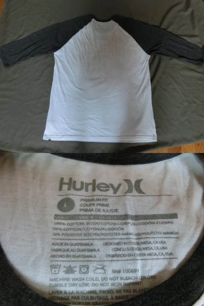 USA購入 人気サーフ系アメカジブランド ハーレー【Hurley】7分袖丈 ラグランプリントＴシャツ US Lサイズ 白 x 濃灰_画像3