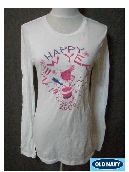 USA購入 人気アメカジブランド オールドネイビー【OldNavy】 『HAPPY NEW YEAR 2009』ロングTシャツ US M サイズ ホワイト_画像1