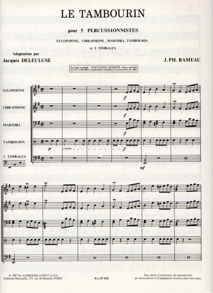 打楽器5重奏楽譜/J.PH ラモー:ル・タンブーラン/試聴可/貴重_画像2