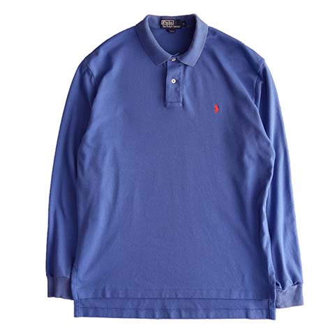 【M】 00's ラルフローレン 長袖ポロシャツ コットン素材 青色系 POLO by Ralph Lauren アメリカ古着 L～XL相当 ビッグサイズ_画像1