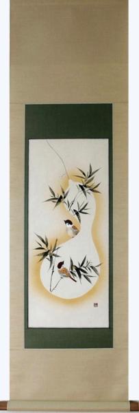 掛け軸 美品 日本製 花鳥画 年中掛け 竹に雀 小幅立物 奥田拓也作 春の新作シューズ満載